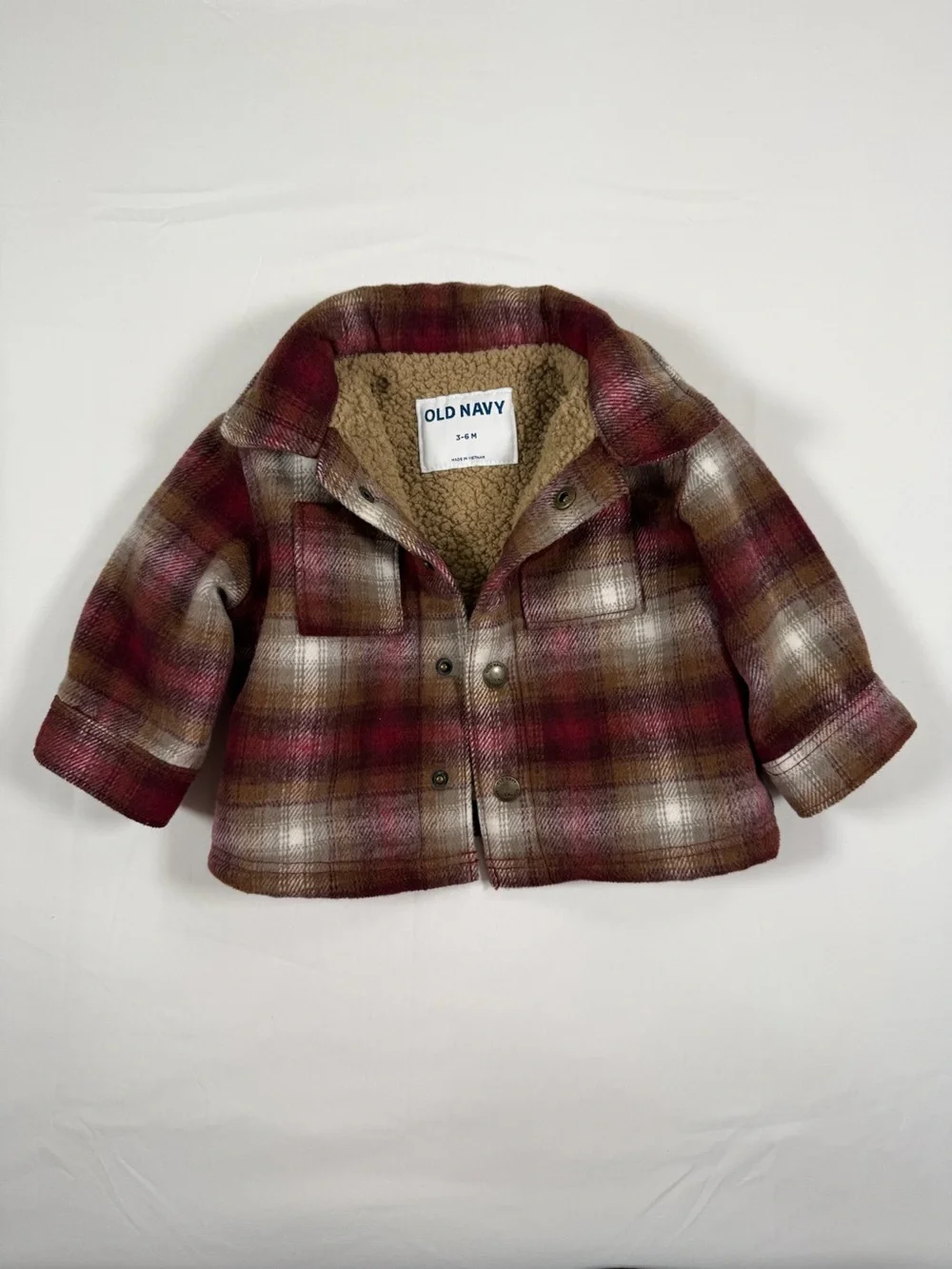 OLD NAVY Baby Sherpa Lined Plaid Shacket Burgundy Brown 3-6M Snap Front Jacket